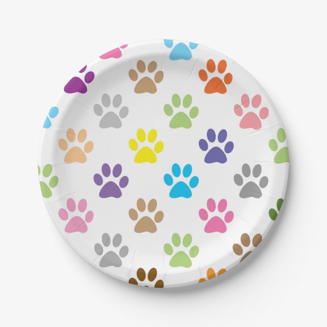 Colourful puppy paw prints paper plate (Front)