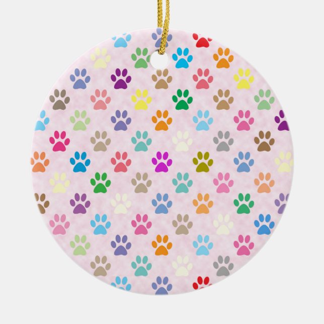 Colourful puppy paw prints pattern ceramic ornament (Front)