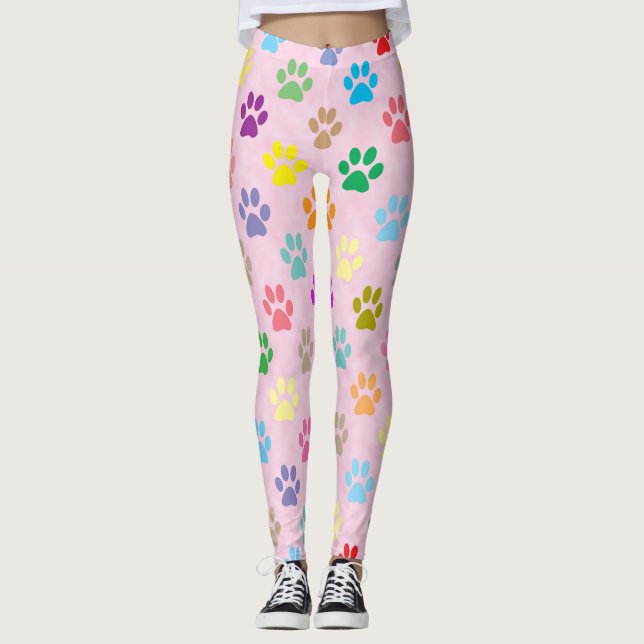 Colourful puppy paw prints pattern leggings (Front)