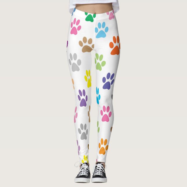 Colourful puppy paw prints pattern leggings (Front)