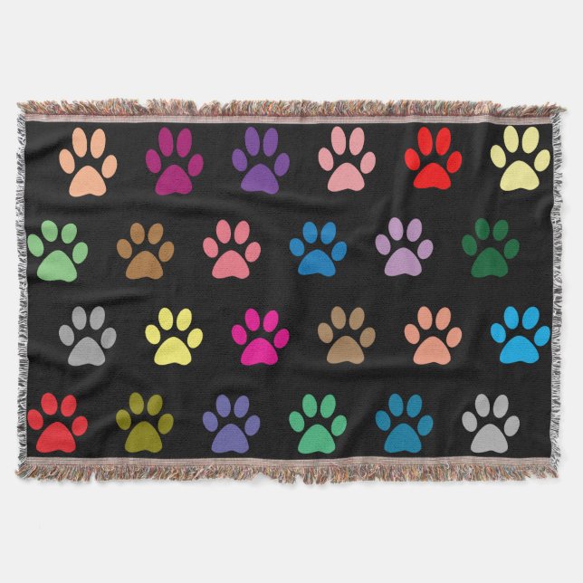 Colourful puppy paw prints pattern throw blanket (Front)
