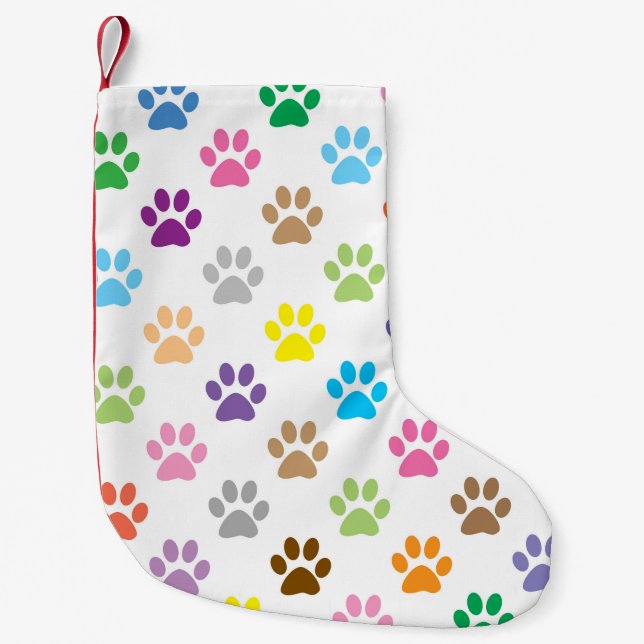 Colourful puppy paw prints small christmas stocking (Front)
