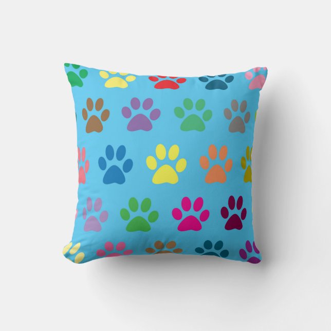 Colourful puppy paw prints throw pillow (Front)