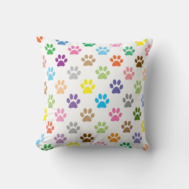 Colourful puppy paw prints throw pillow (Front)