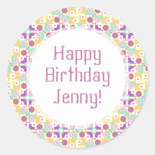 Colourful Purple and Yellow Retro Happy Birthday Classic Round Sticker