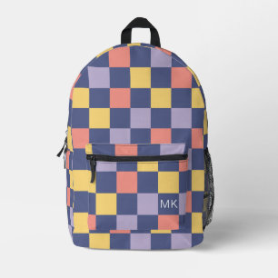 Colourful Purple Chequerboard Monogram Initials Printed Backpack