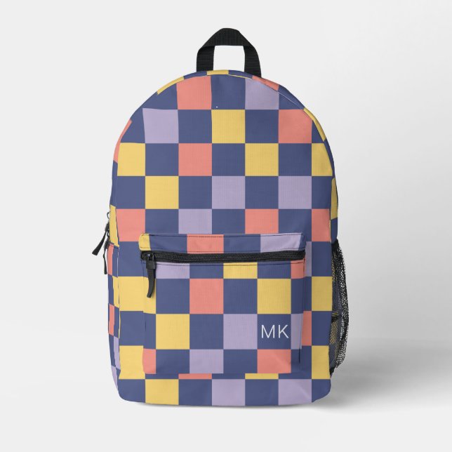 Colourful Purple Chequerboard Monogram Initials Printed Backpack (Front)