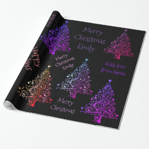 Colourful Purple Christmas Tree Pattern with Name Wrapping Paper