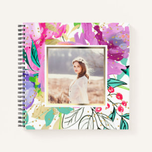 Colourful Purple Floral on White with Photo Notebook