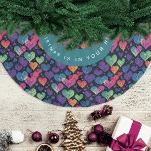Colourful Purple Heart Christmas Watercolor Patter Brushed Polyester Tree Skirt