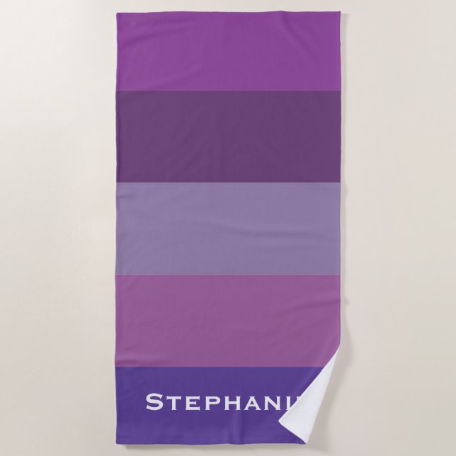 Colourful Purple Lavender Abstract Stripes Name Beach Towel (Front)