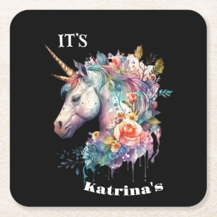 Colourful Purple Magical Floral Unicorn Watercolor Square Paper Coaster
