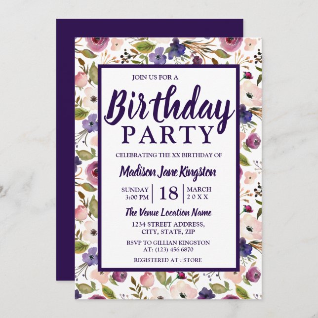 Colourful Purple Peach Floral Birthday Party Invit Invitation (Front/Back)
