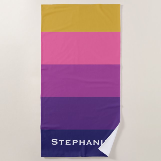 Colourful Purple Pink Gold Abstract Stripes Name Beach Towel (Front)