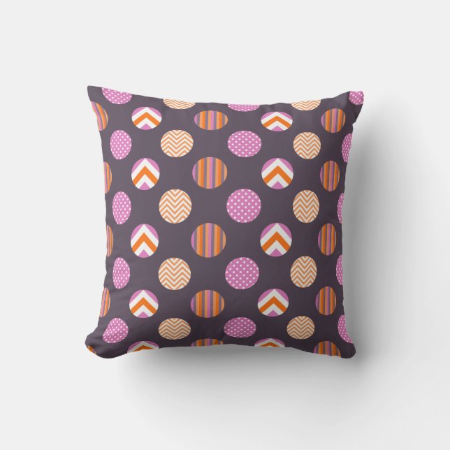 Colourful Purple, Pink & Orange Polka Dot Pattern Cushion (Front)