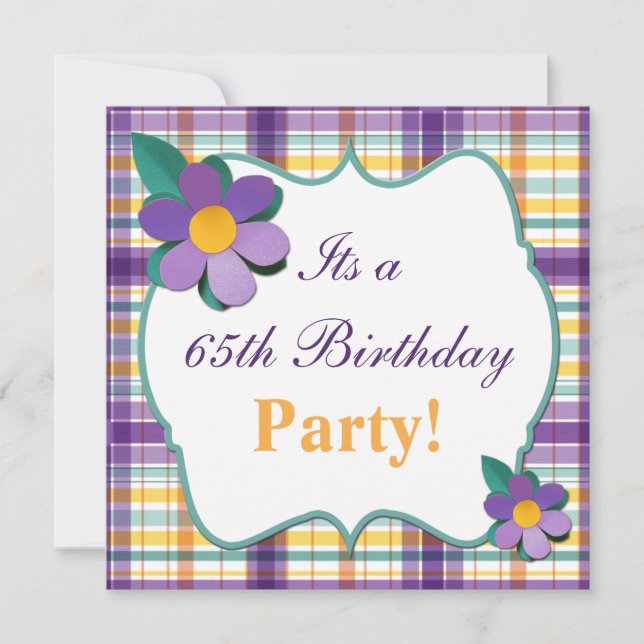 Colourful Purple Plaid 65th Birthday Invitation (Front)