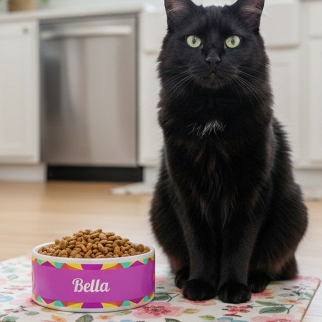 Colourful Purple Retro Geometric Ceramic Pet Bowl (A bowl as sassy and sleek as your cat. Variety of colors.)