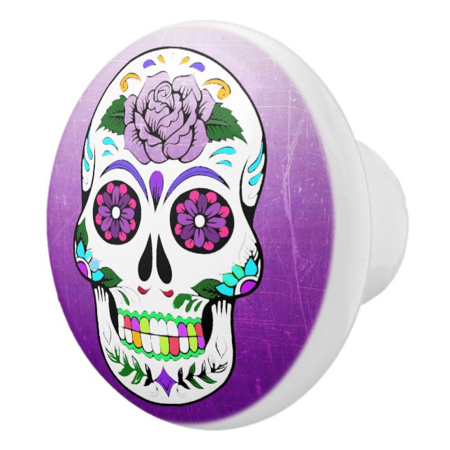 Colourful  Purple Sugar Skull Decorative Ceramic Knob (Right)