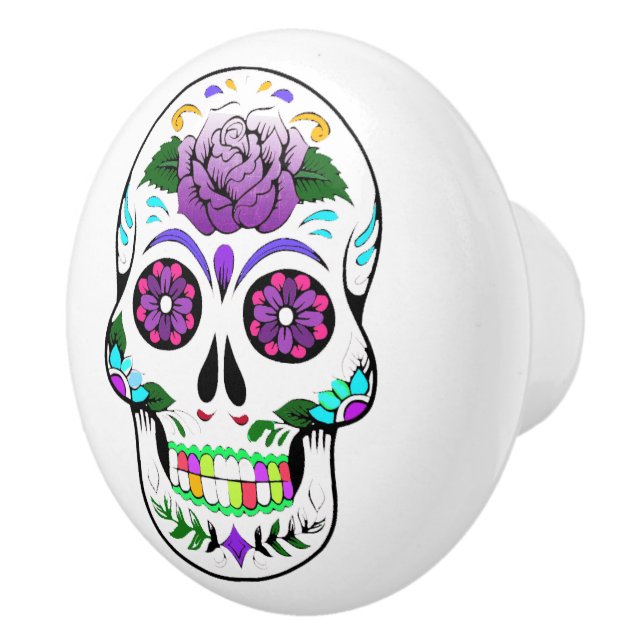 Colourful  Purple Sugar Skull Decorative Ceramic Knob (Right)