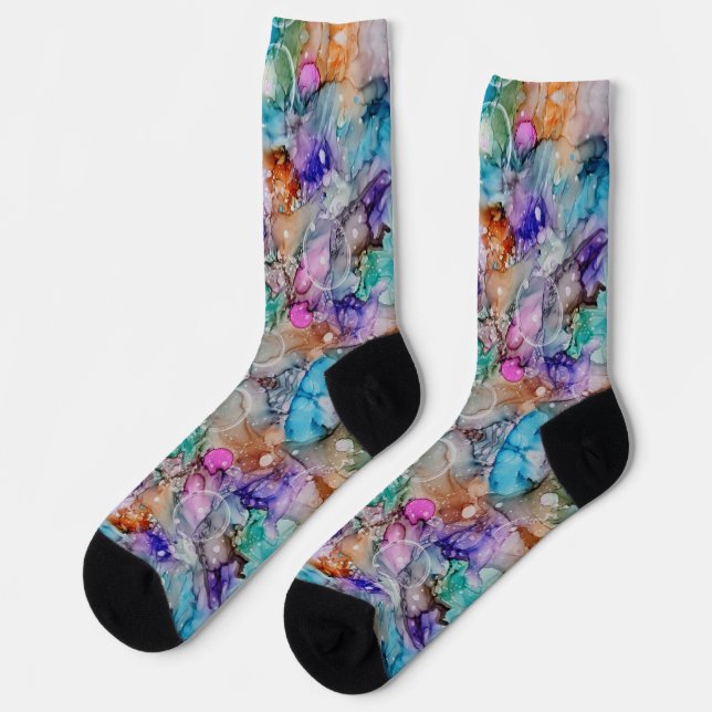 Colourful purple, teal, blue orange abstract  socks (Left)