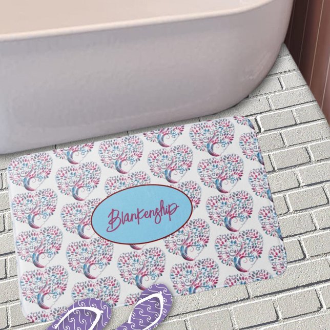 Colourful Purple & Teal Tree Heart Custom  Bath Mat (bath math with pattern design)