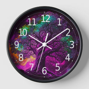 Colourful Purple Tree Stars Universe Artwork   Clock