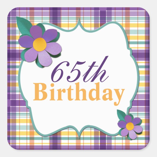 Colourful Purple Yellow Plaid 65th Birthday Sticke Square Sticker (Front)