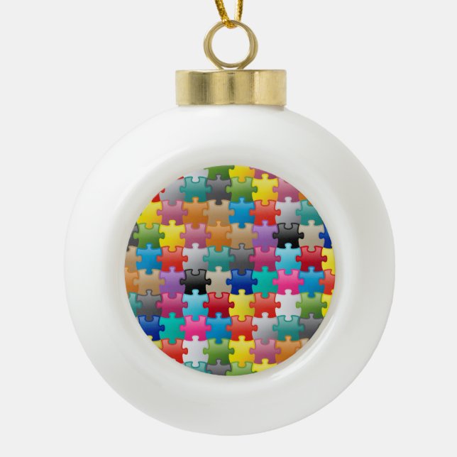 Colourful puzzle pattern ceramic ball christmas ornament (Front)