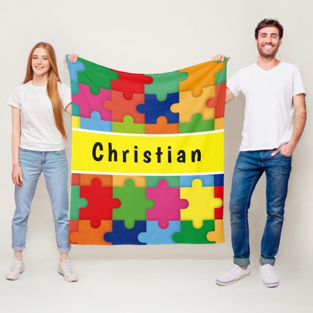 Colourful Puzzle Pieces For Autism Custom Fleece Blanket (In Situ)