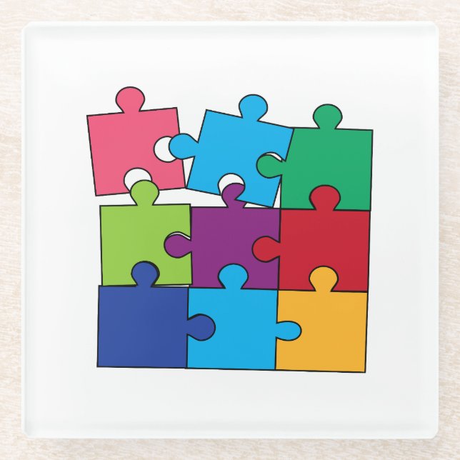 Colourful puzzle pieces glass coaster (Front)
