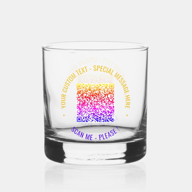 Colourful QR Code Scan Info and Custom Text Whiskey Glass (Front)