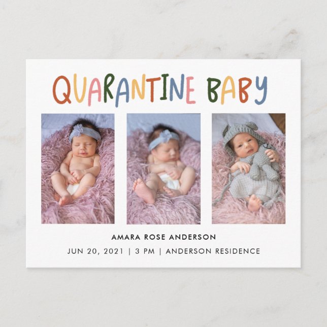 Colourful Quarantine Baby 3 Photo Birth Invitation Postcard (Front)