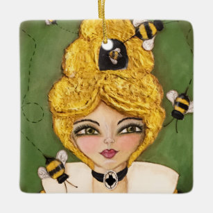 Colourful Queen Bee Hive Girl Cute Whimsical Art Ceramic Ornament