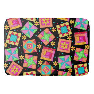 Colourful Quilt Art Patchwork Blocks Black Bath Mat