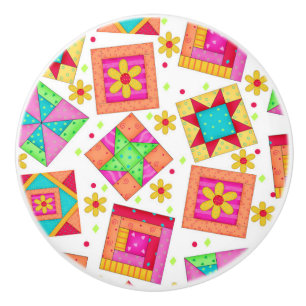 Colourful Quilt Patchwork Block Art on White Ceramic Knob