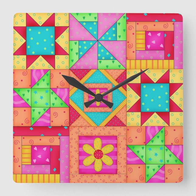 Colourful Quilt Patchwork Block Art Square Wall Clock (Front)