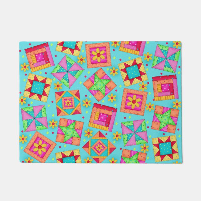 Colourful Quilt Patchwork Blocks Turquoise Blue Doormat (Front)