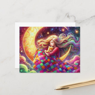 Colourful Quilt Sleeping Girl & Crescent Moon Postcard