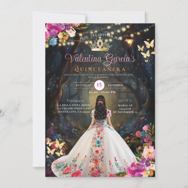 Colourful Quinceañera 15 Anos Fores Flowers Gold  Invitation (Front)