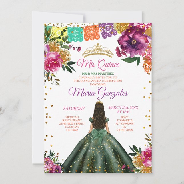 Colourful Quinceañera Emerald Green Flower Birthda Invitation (Front)