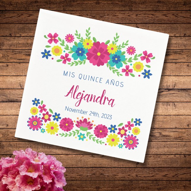 Colourful Quinceañera Mexican flowers Paper Napkin (Creator Uploaded)