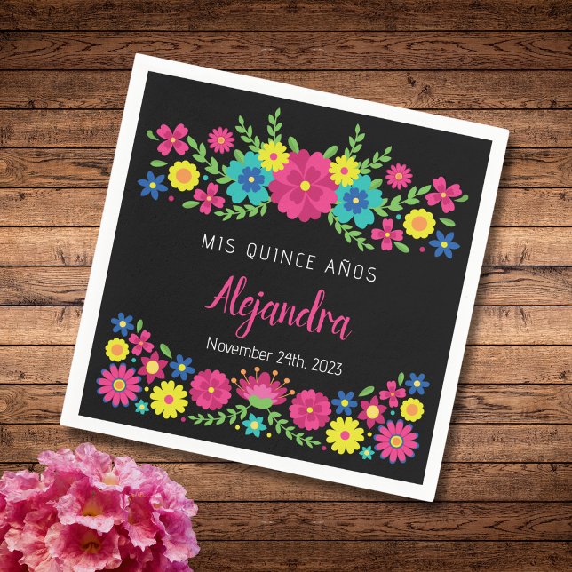 Colourful Quinceañera Mexican flowers Paper Napkin (Creator Uploaded)