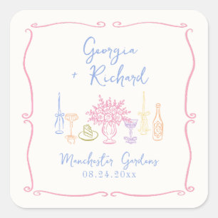 Colourful & Quirky Hand Drawn Wedding Square Sticker