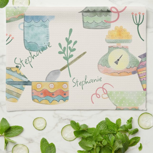 Colourful Quirky Retro Kitchen Theme Personalised Tea Towel (Folded)