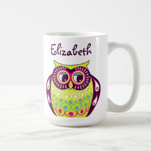 Colourful Quirky Tawny Owl Custom Name Mug