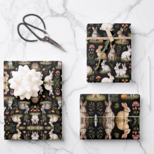 Colourful Rabbits on Black Wrapping Paper Sheet
