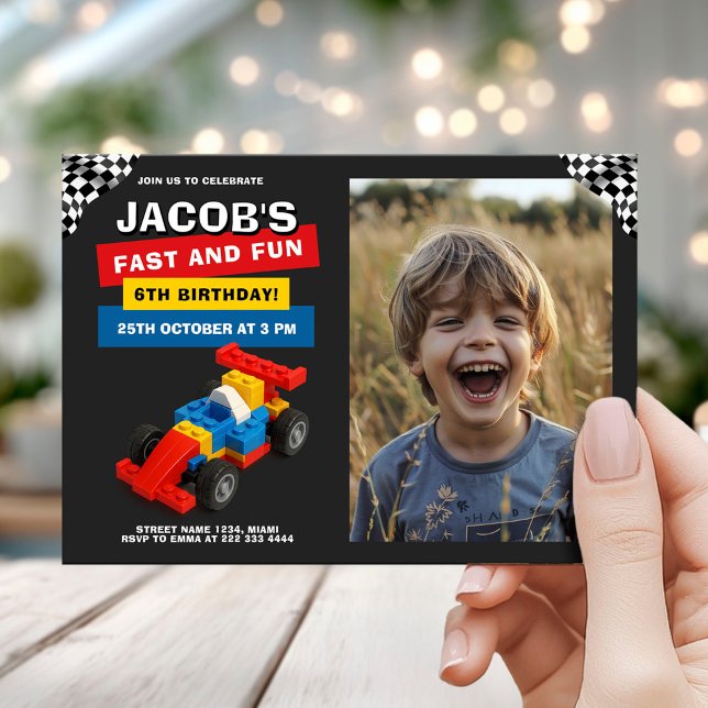 Colourful Race Car Birthday with photo Invitation (Creator Uploaded)