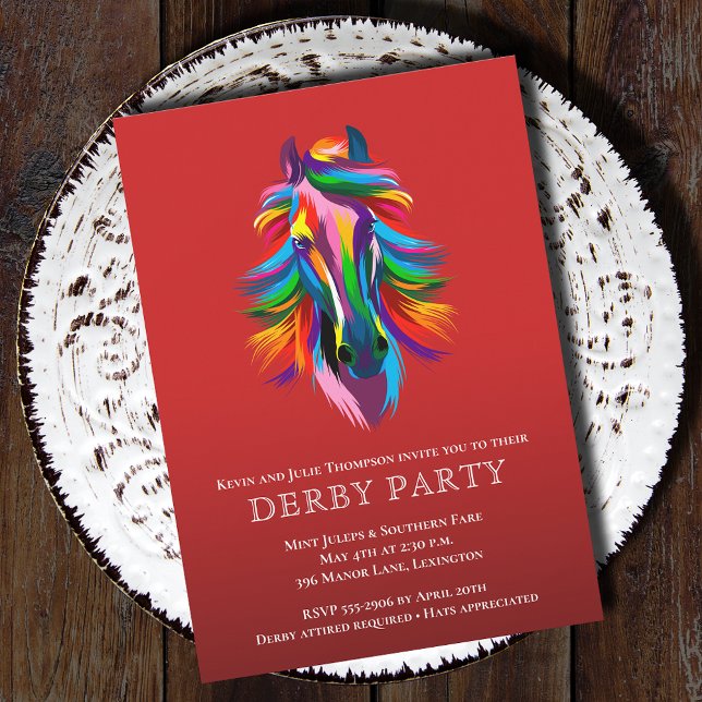 Colourful Racehorse Derby Party Red Invitation (Colorful Race Horse Derby Party Invitations - PRINTED and/or INSTANT DOWNLOAD)
