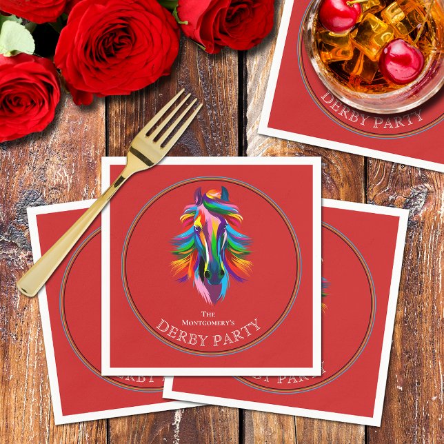 Colourful Racehorse Derby Party Red Napkin (Colorful racehorse on red Derby party cocktail napkins)