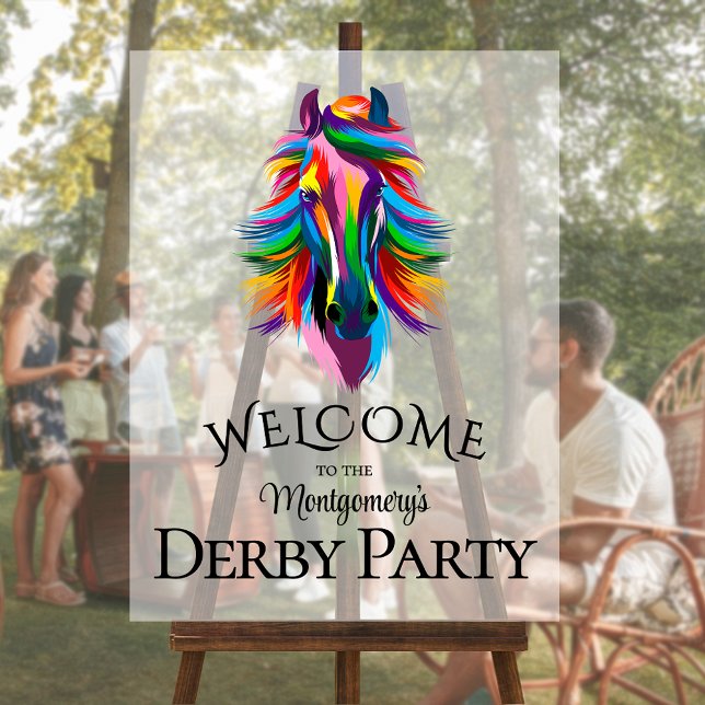 Colourful Racehorse Derby Party Welcome Acrylic Sign (Colorful racehorse on frosted derby party personalized acrylic welcome sign)